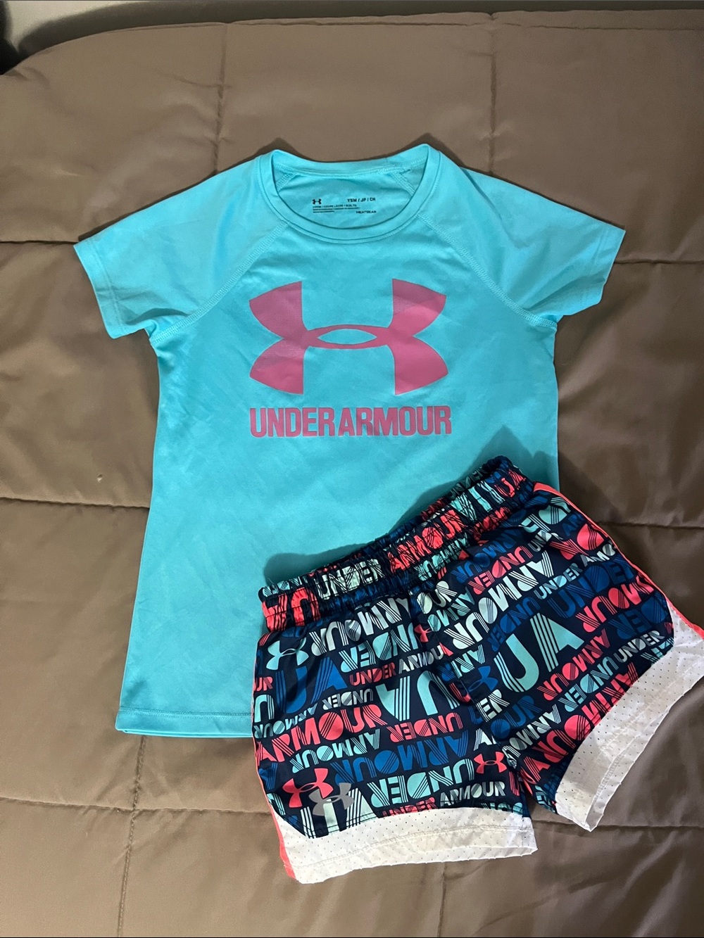 Under Armour Aqua Tee with Pink Logo and Navy Multi-Logo Shorts